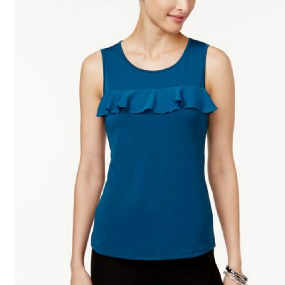 Cable & Gauge Top Blue Ruffle Sleeveless Teal New